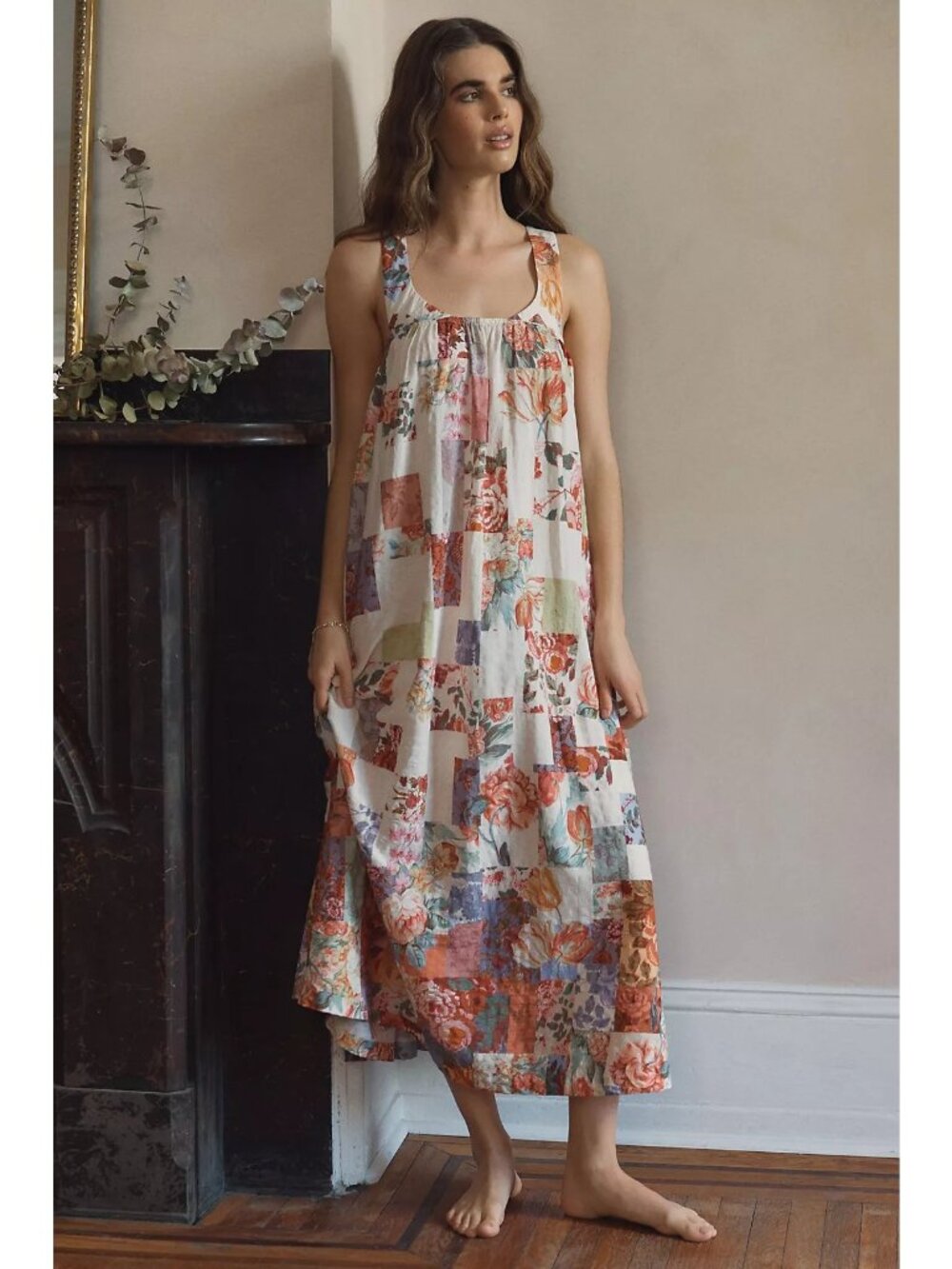 Anthropologie LyreBird Floral Patchwork Tie-Back Midi Dress Sleeveless Flowy